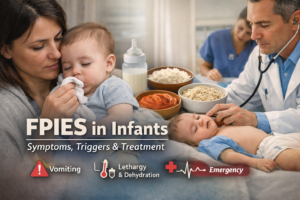 Infant experiencing FPIES symptoms after feeding with vomiting and lethargy